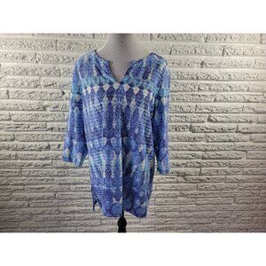 Coral Bay XL Tunic Blouse Blue V-Neck 3/4 Sleeve Pintuck Stretch GEO363E